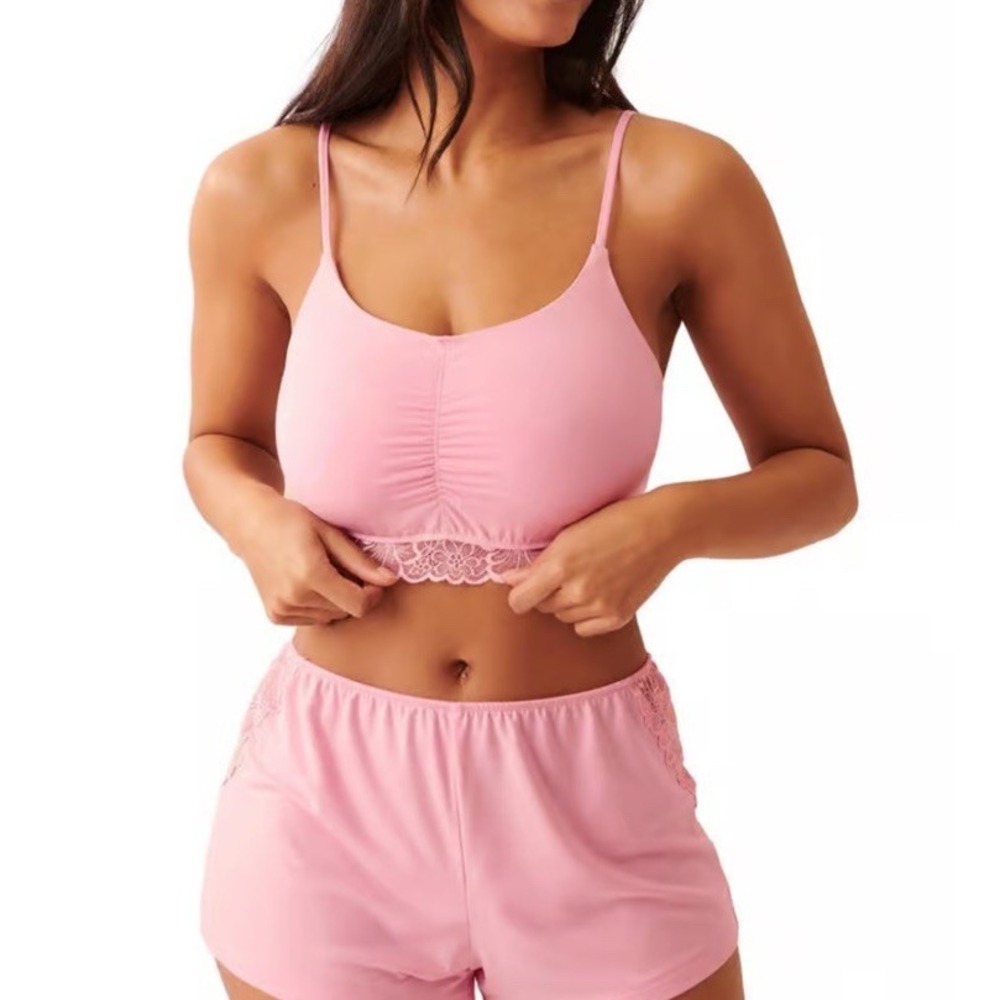 La Vie En Rose Pink Modal Crop Cami And Shorts Set, Lace Trim, Women's Size XS/S